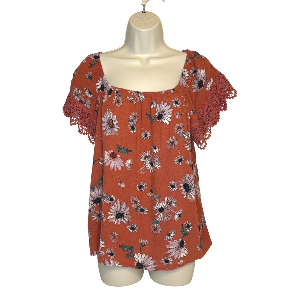 Maurices Orange Floral Boho Blouse L Crochet Lace Sleeve Festival Peasant Fairy